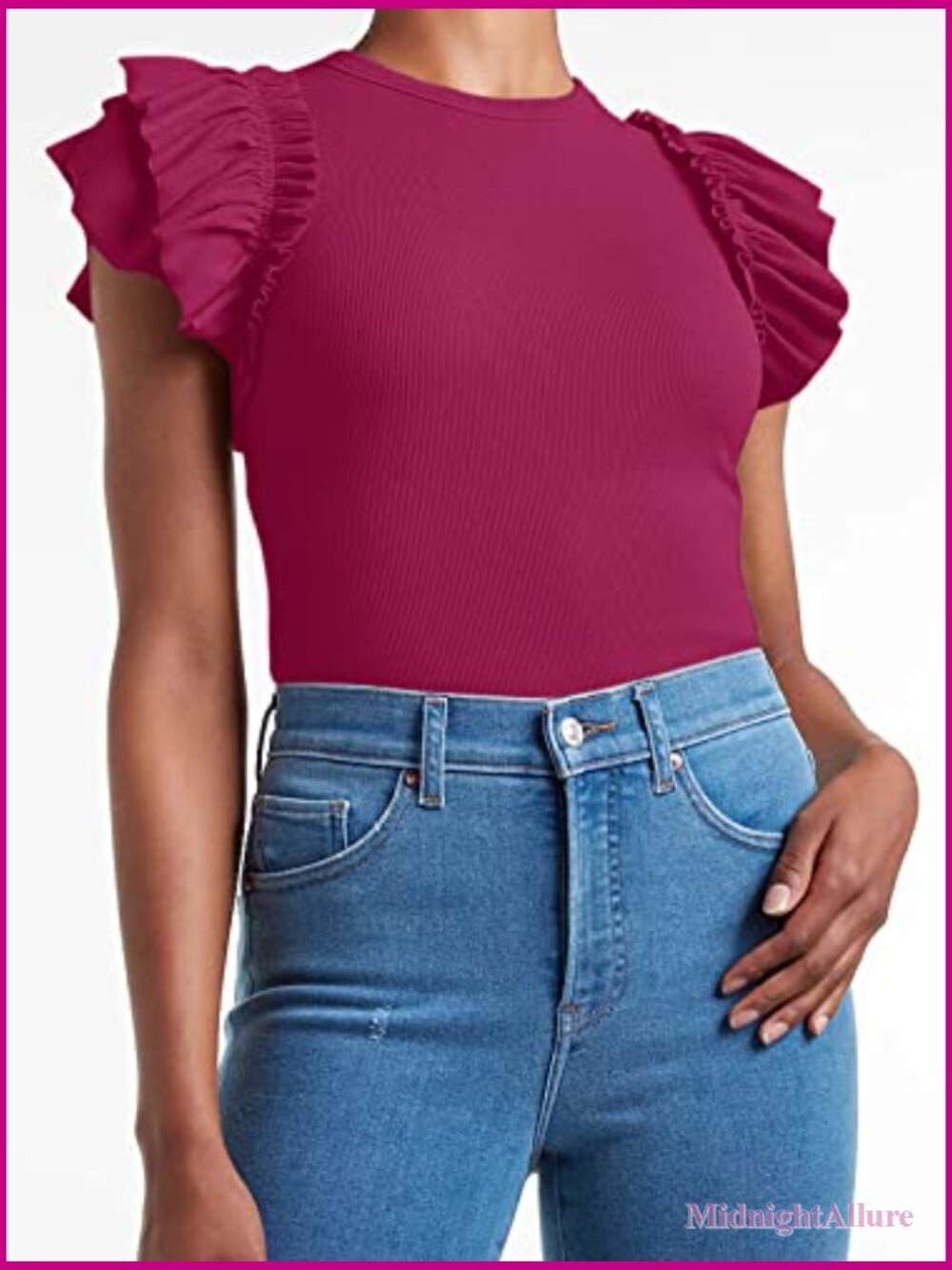 Slim Fit High Neck Knit Ribbed Ruffle Short Sleeve Tee - Picture 2 of 4